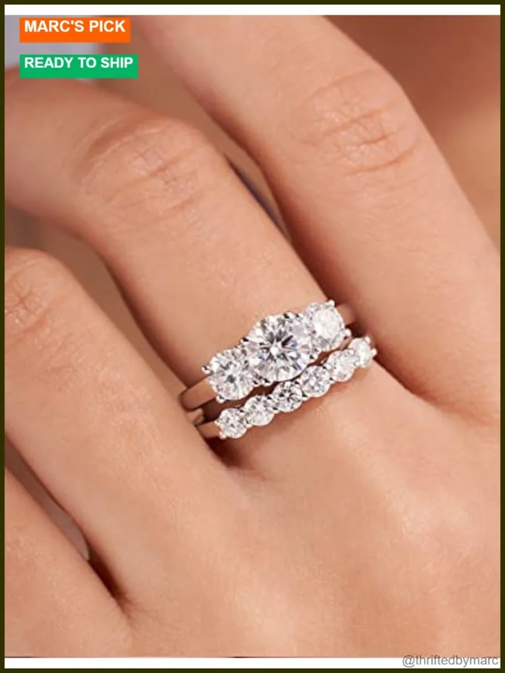 Moissanite 3 Stone Engagement Ring 925 Sterling Silver Wedding Band